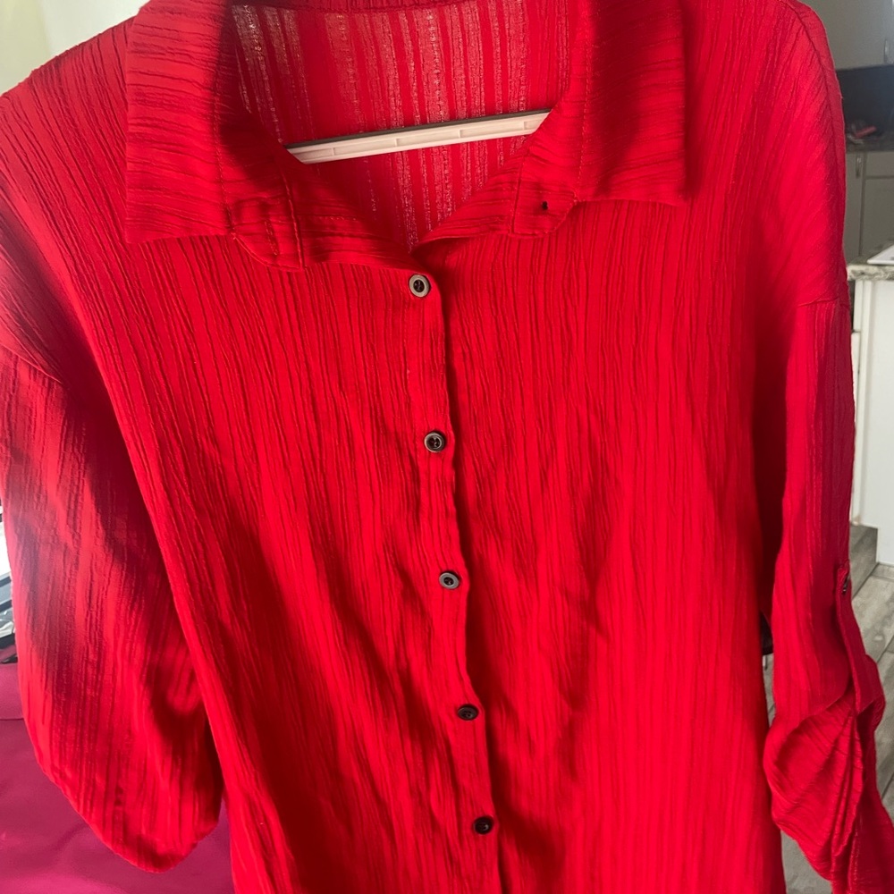 SHEIN Red Textured Button Up Blouse XL